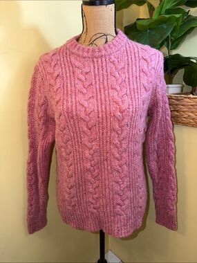 J. Crew x Kilcarra Donegal Wool Pink Cable-Knit Crewneck Sweater